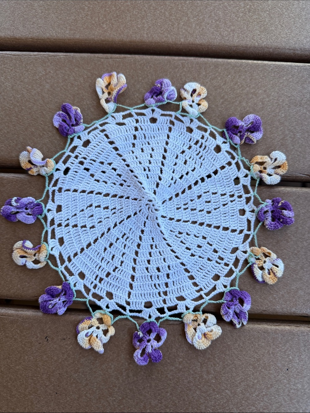 Handmade Crocheted White Lace Doily with Pansy Edge